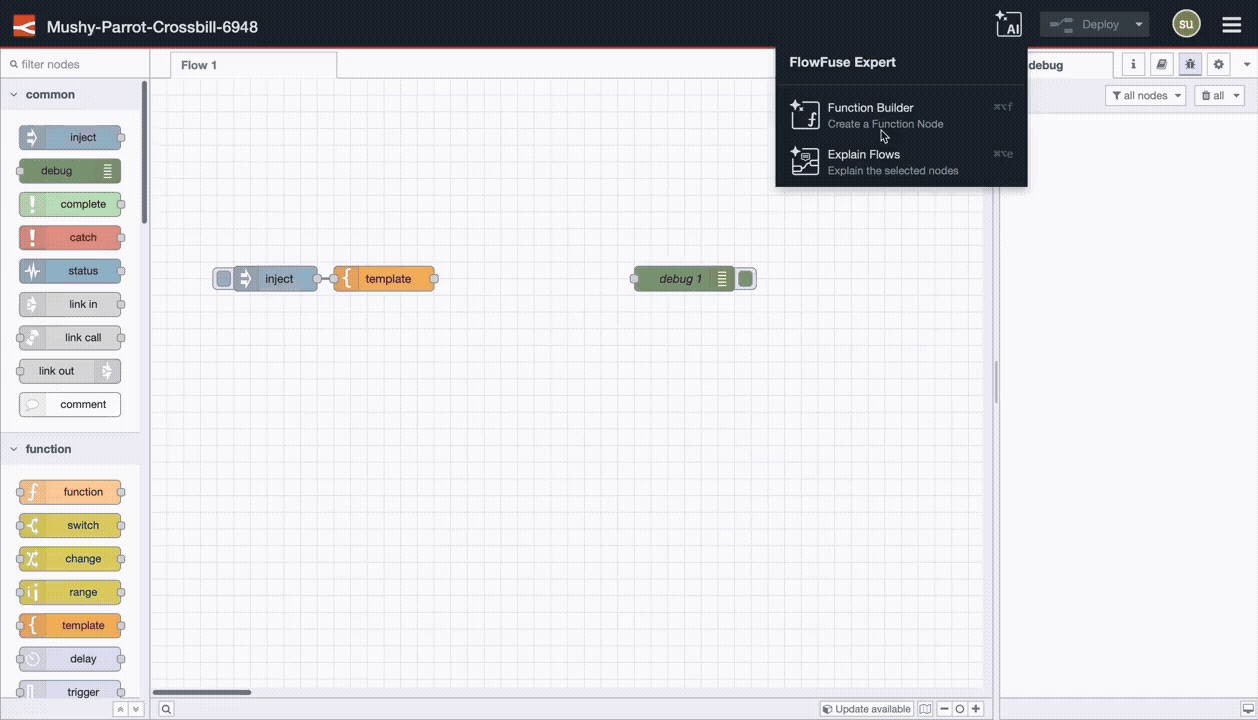 FlowFuse Expert generating a Node-RED function node to extract data from a CNC text report.