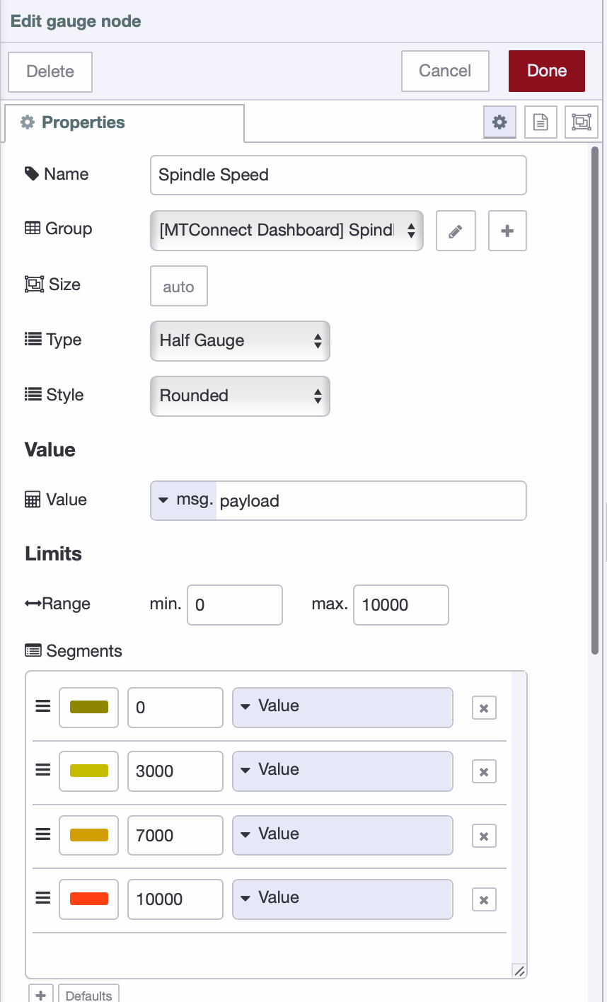 Gauge widget configuration settings
