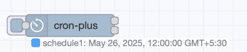 A node showing the next event scheduled for May 26, 2025, at 12:00 AM GMT +5:30 with a static schedule named 'Schedule1'.