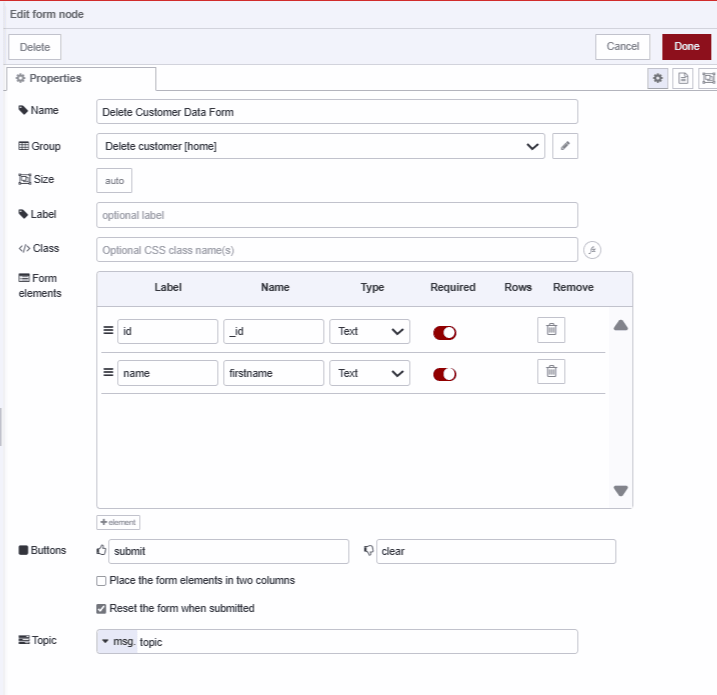 Screenshot displaying form widget configuration to delete data in MongoDB "Screenshot displaying form widget configuration to delete data in MongoDB"